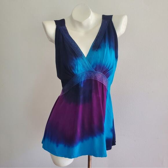 Vintage Sleeveless Empire Waist Tie Dye Blouse V Neck Crochet Lace Boho Hippie - Picture 1 of 14